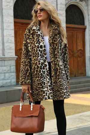 BerryBetty - Brown Notched Lapel Leopard Midi Faux Fur Coat