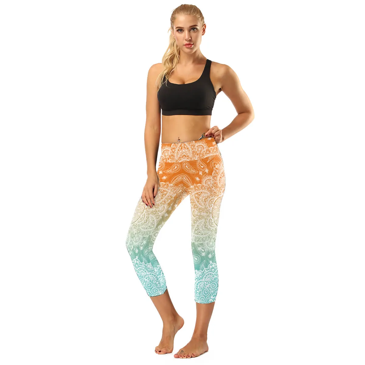 High Rise Coral Orange to Blue Mandala Capris | A Small Pocket on Waistband