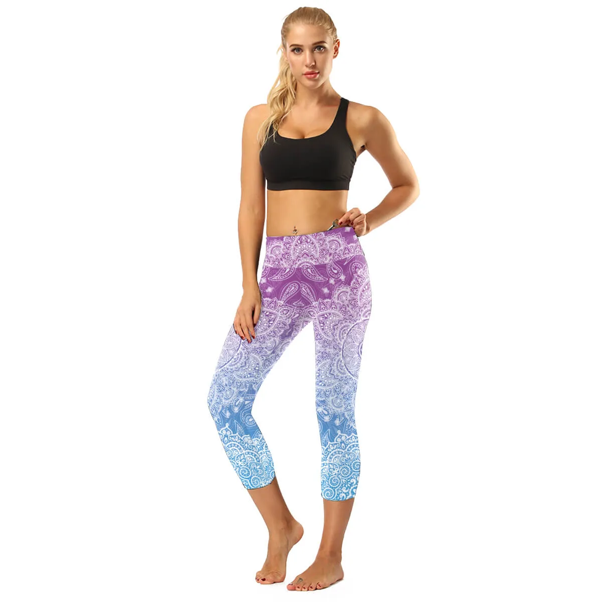 High Rise Coral Orange to Blue Mandala Capris | A Small Pocket on Waistband