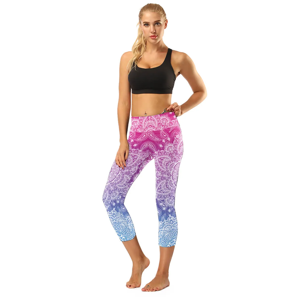 High Rise Coral Orange to Blue Mandala Capris | A Small Pocket on Waistband