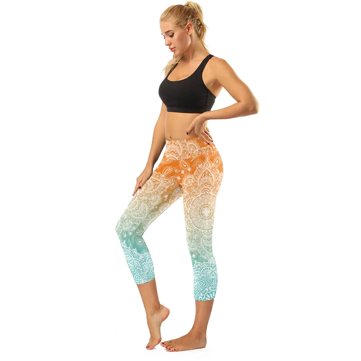 High Rise Coral Orange to Blue Mandala Capris | A Small Pocket on Waistband