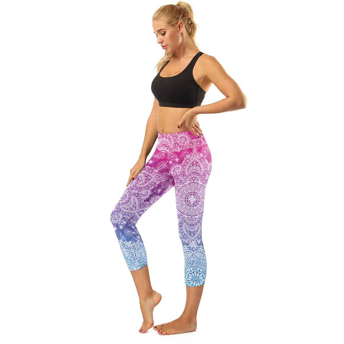 High Rise Coral Orange to Blue Mandala Capris | A Small Pocket on Waistband