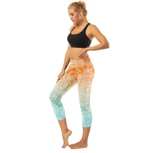 High Rise Coral Orange to Blue Mandala Capris | A Small Pocket on Waistband