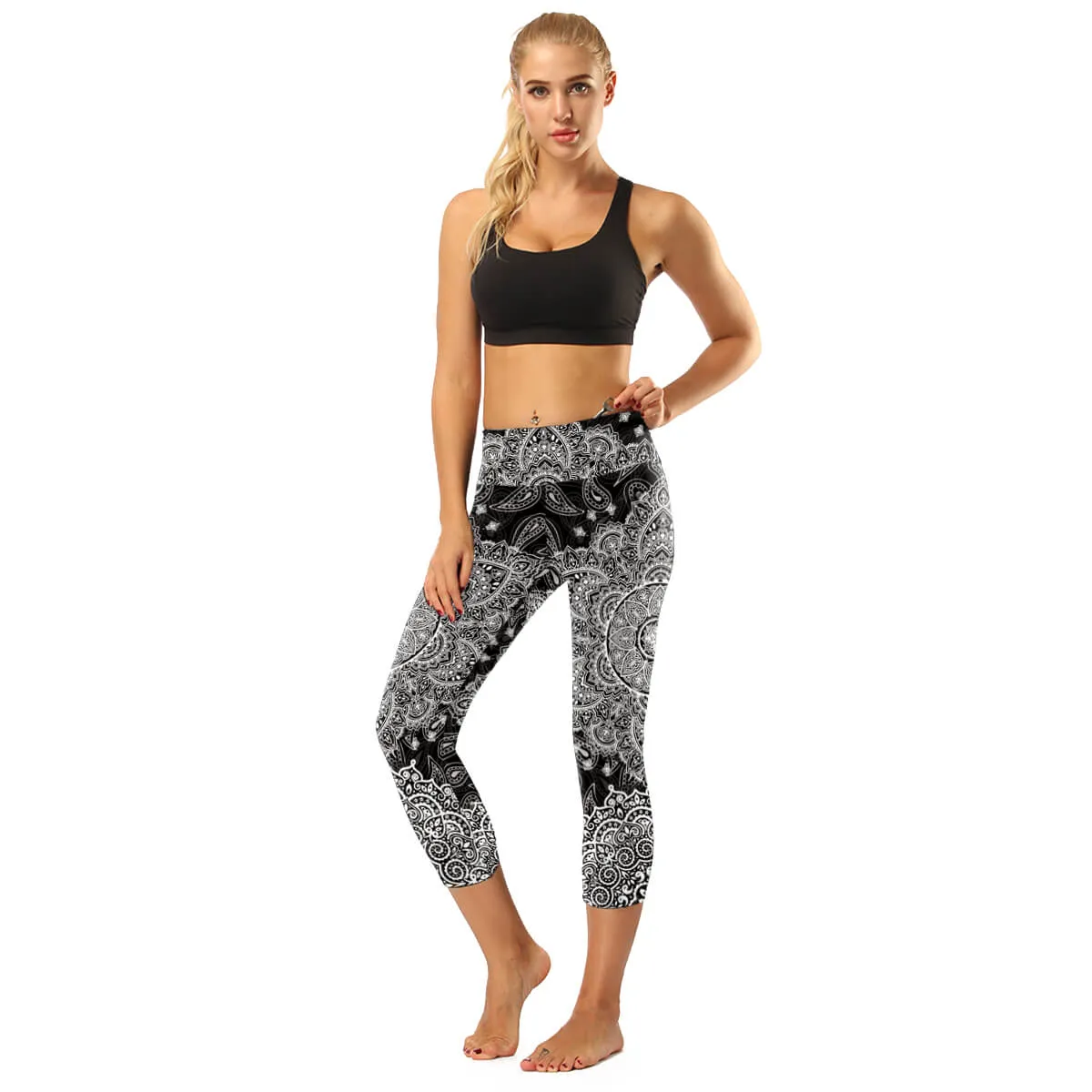 High Rise Coral Orange to Blue Mandala Capris | A Small Pocket on Waistband