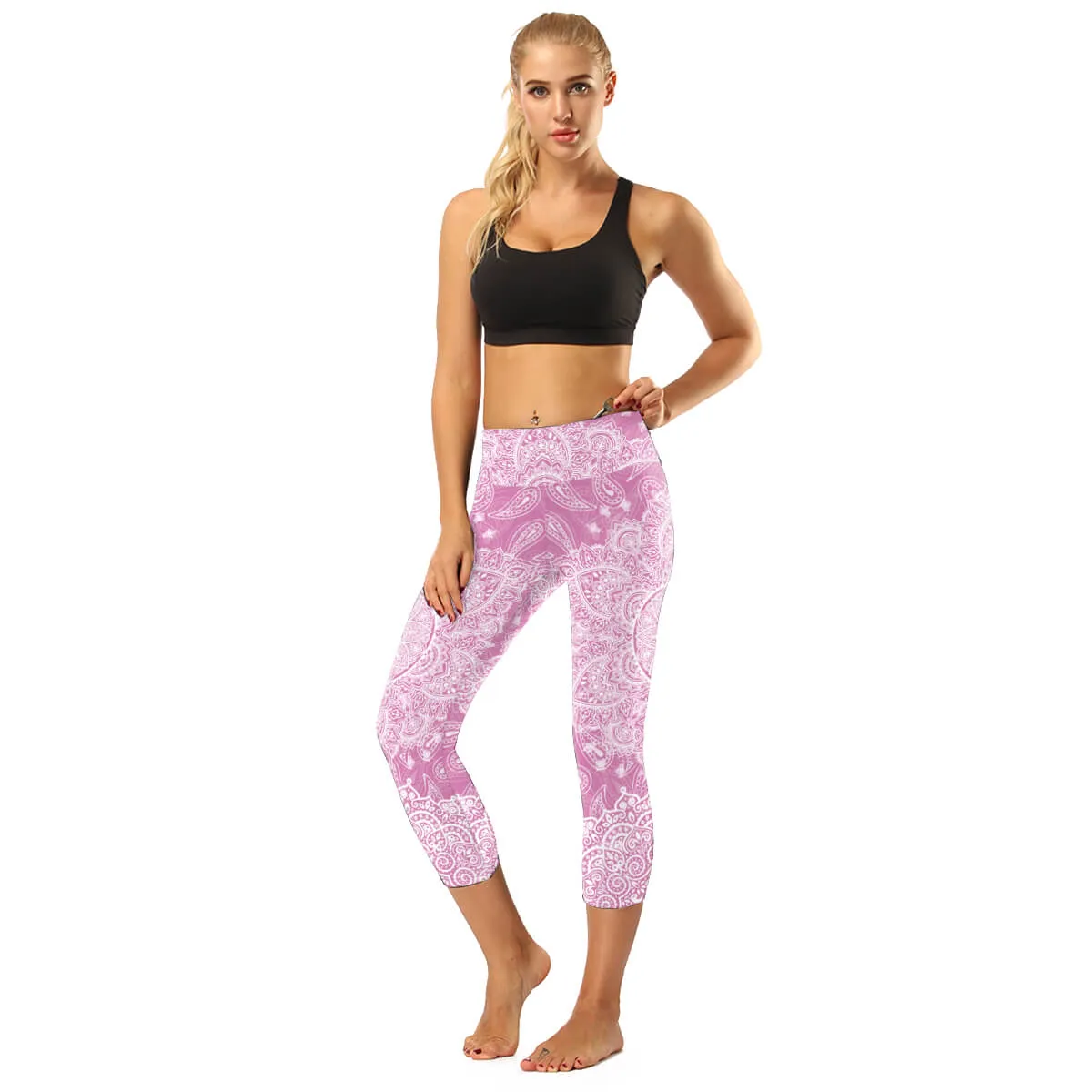 High Rise Coral Orange to Blue Mandala Capris | A Small Pocket on Waistband