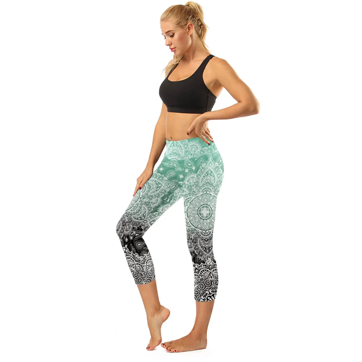 High Rise Coral Orange to Blue Mandala Capris | A Small Pocket on Waistband