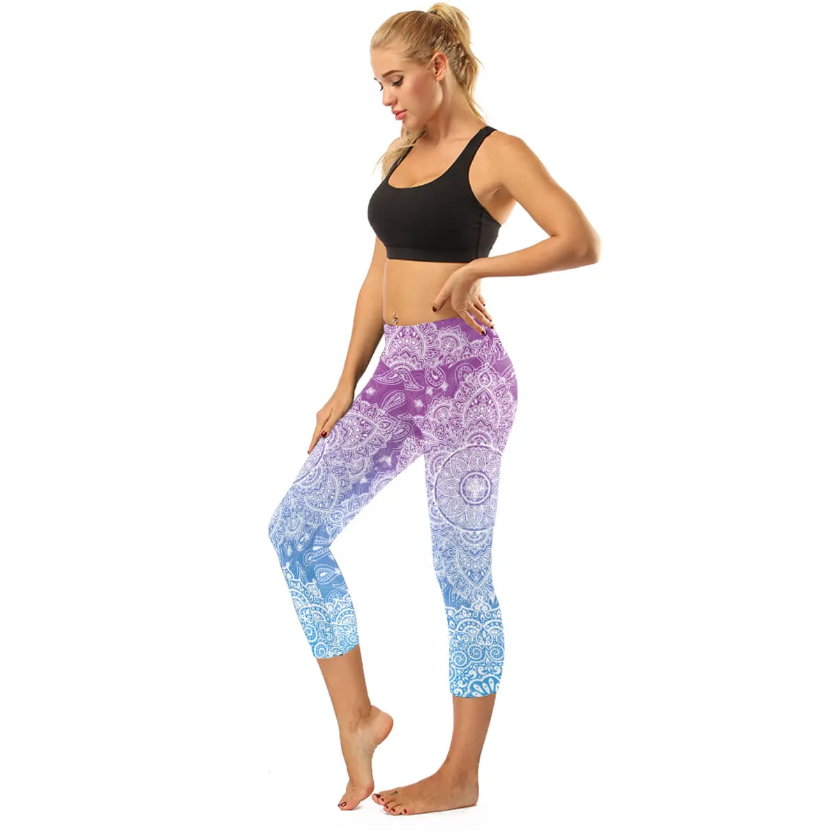 High Rise Coral Orange to Blue Mandala Capris | A Small Pocket on Waistband