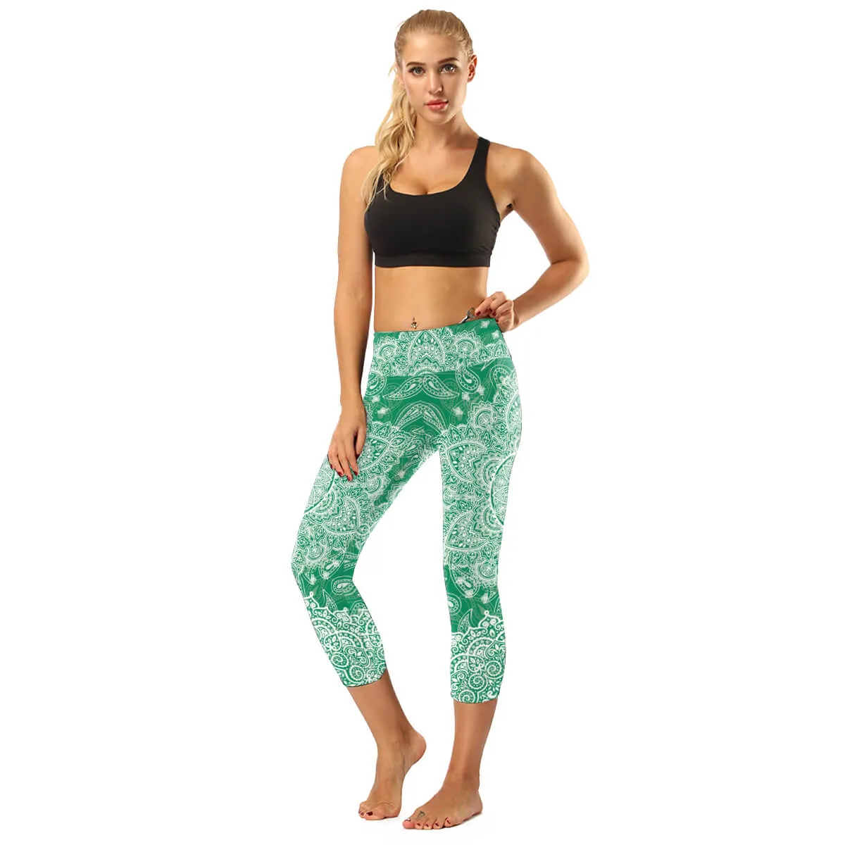 High Rise Coral Orange to Blue Mandala Capris | A Small Pocket on Waistband