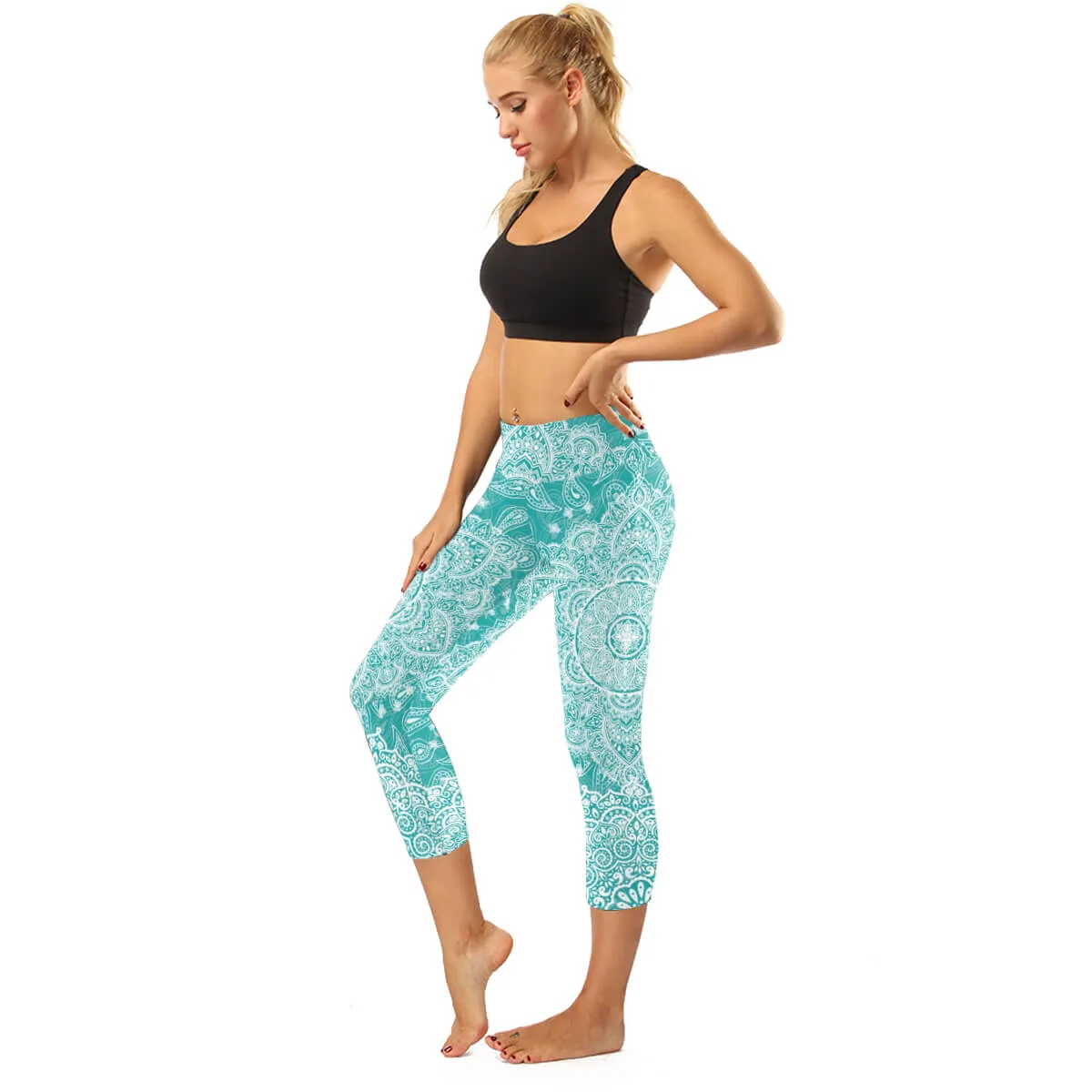 High Rise Coral Orange to Blue Mandala Capris | A Small Pocket on Waistband
