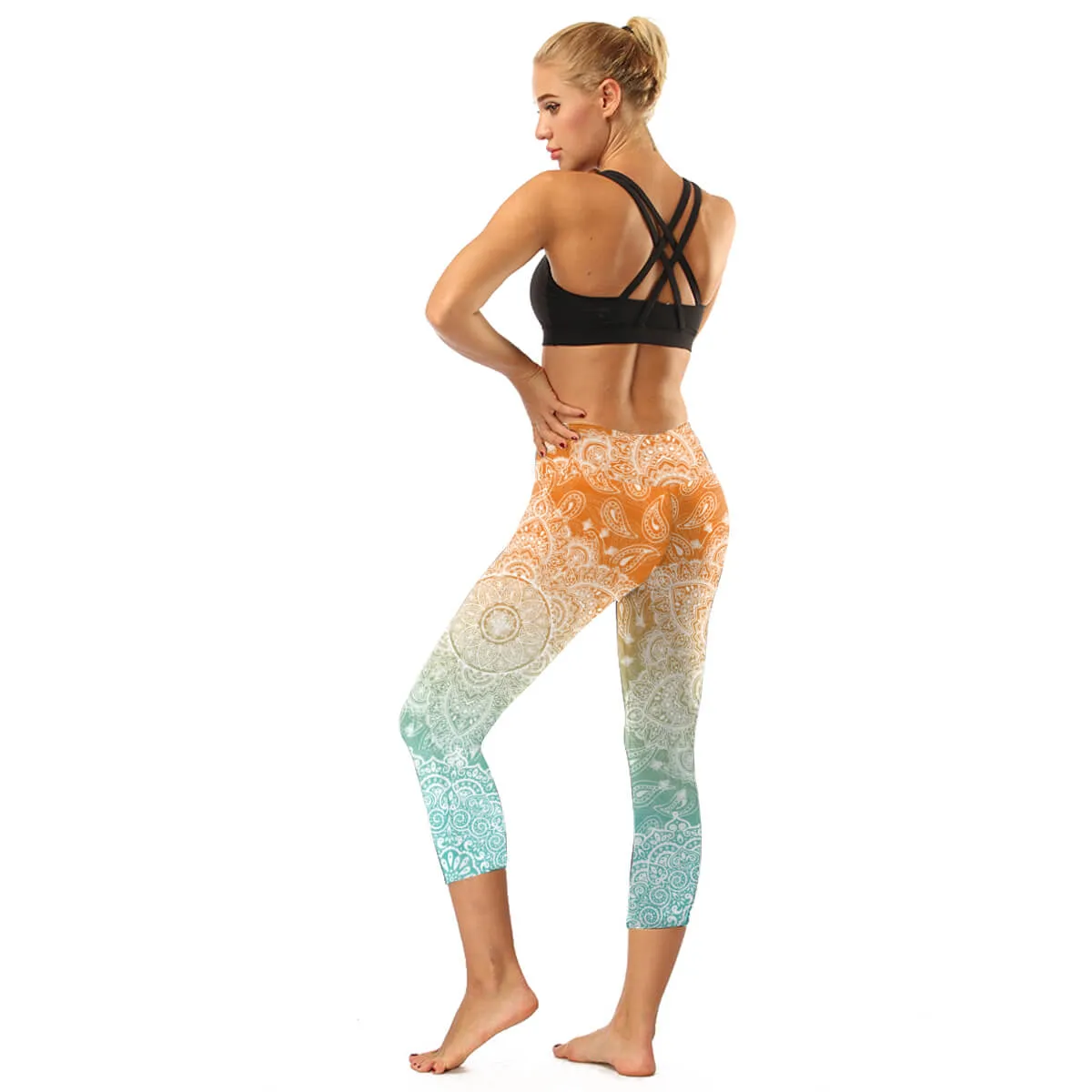High Rise Coral Orange to Blue Mandala Capris | A Small Pocket on Waistband