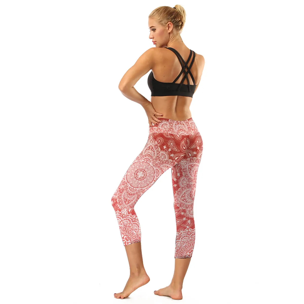 High Rise Coral Orange to Blue Mandala Capris | A Small Pocket on Waistband