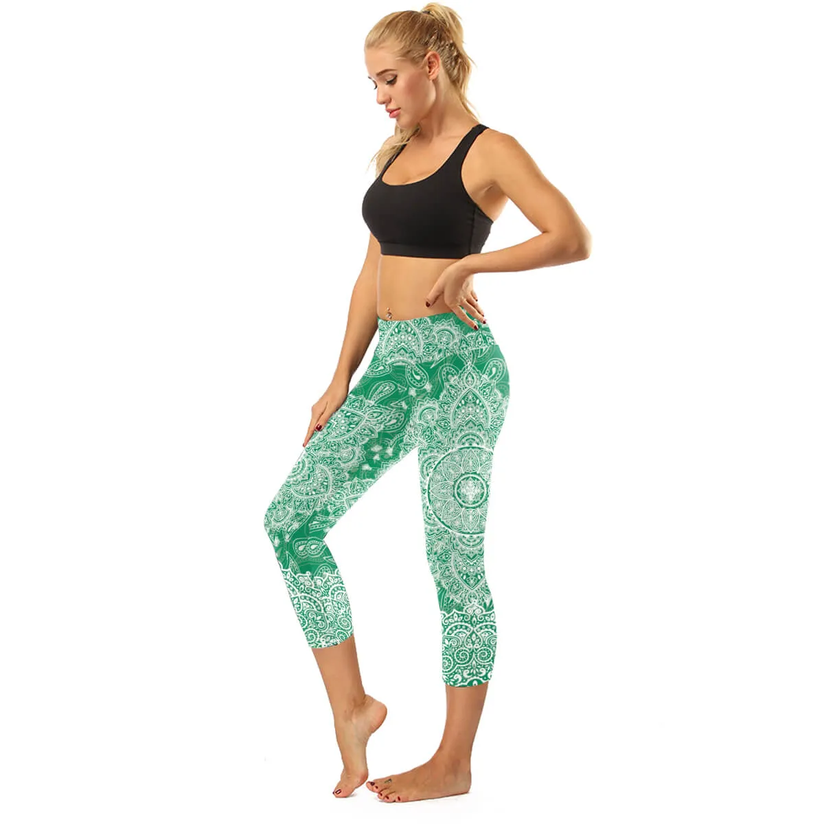 High Rise Coral Orange to Blue Mandala Capris | A Small Pocket on Waistband