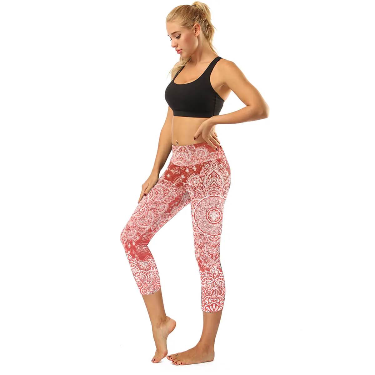 High Rise Coral Orange to Blue Mandala Capris | A Small Pocket on Waistband