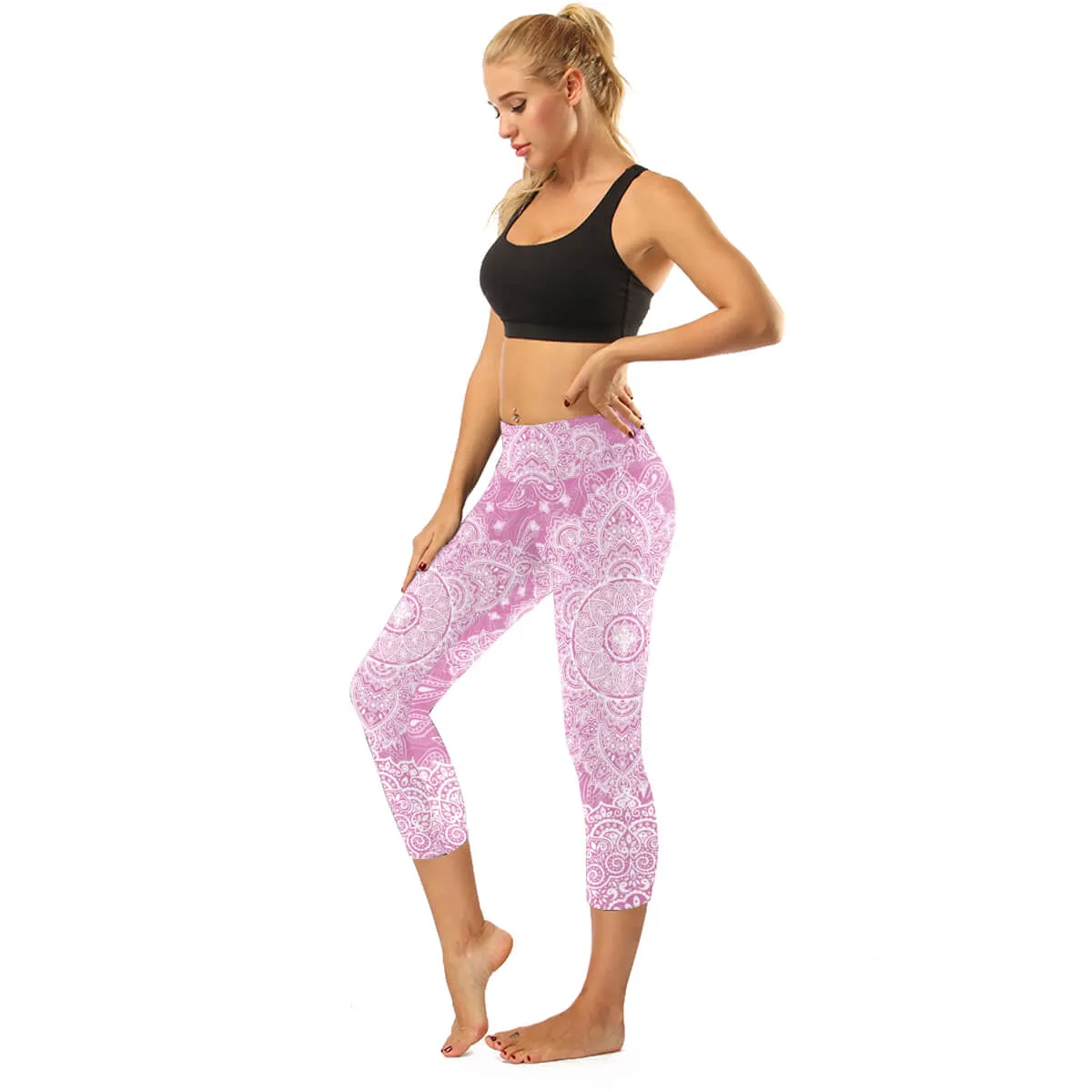 High Rise Coral Orange to Blue Mandala Capris | A Small Pocket on Waistband