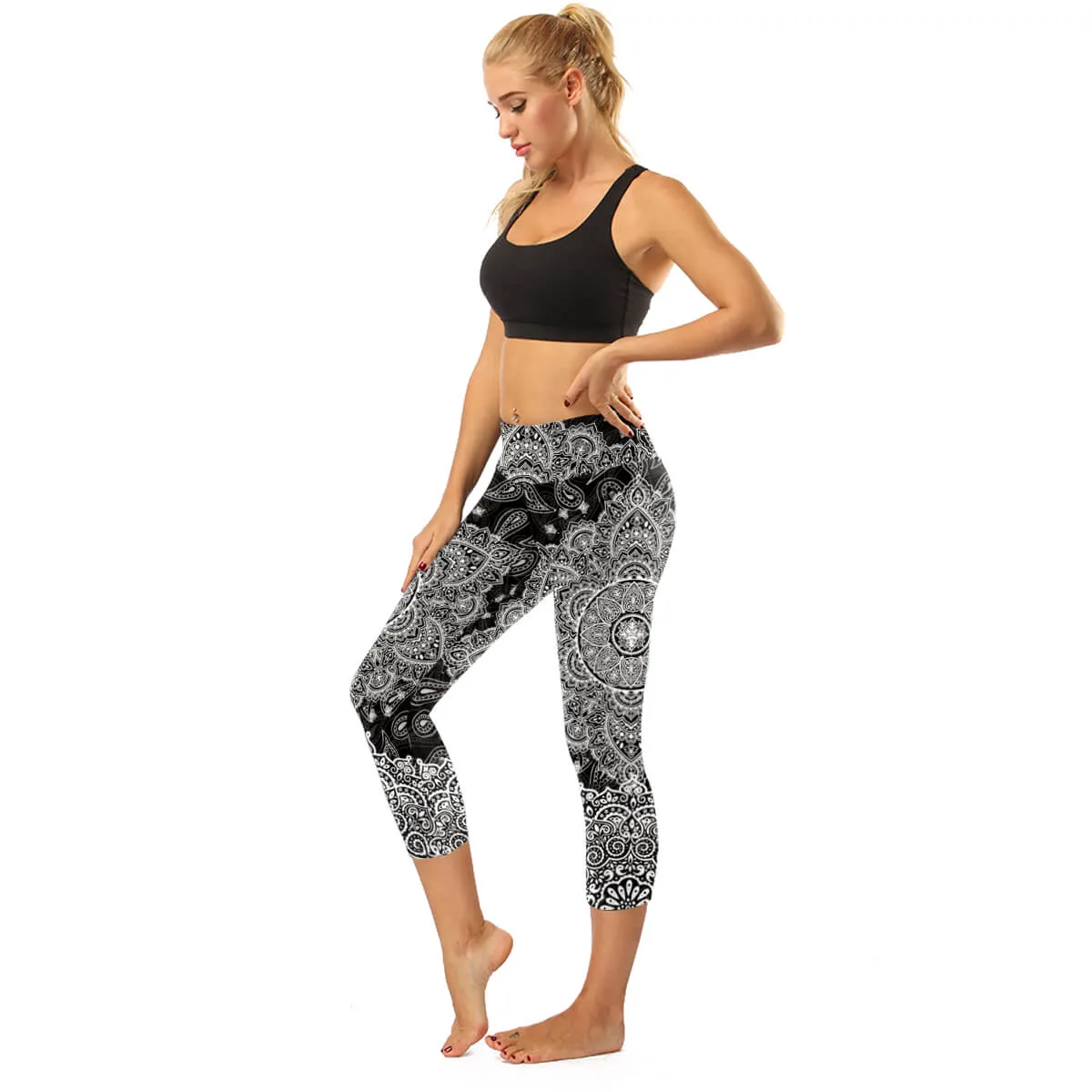 High Rise Coral Orange to Blue Mandala Capris | A Small Pocket on Waistband