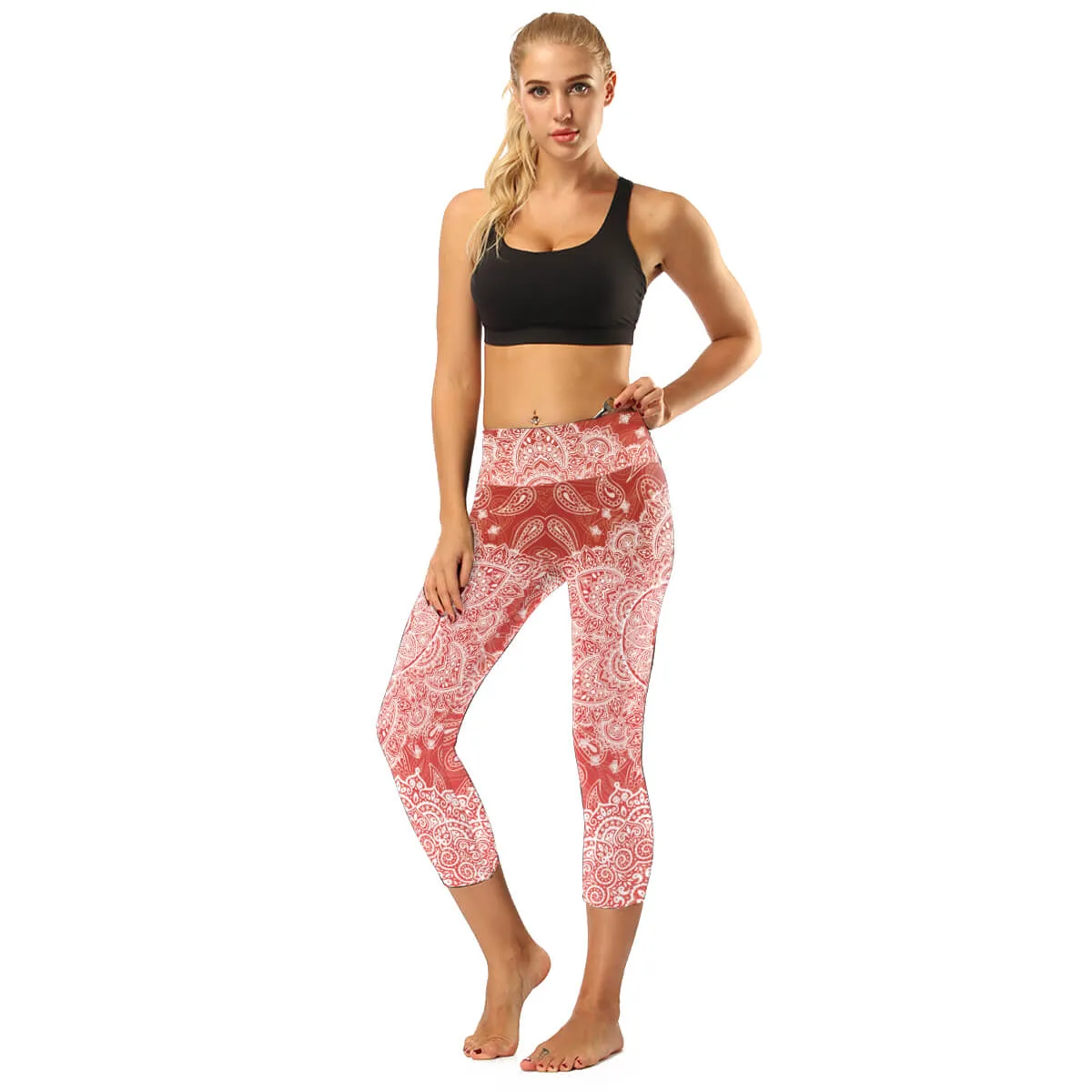 High Rise Coral Orange to Blue Mandala Capris | A Small Pocket on Waistband