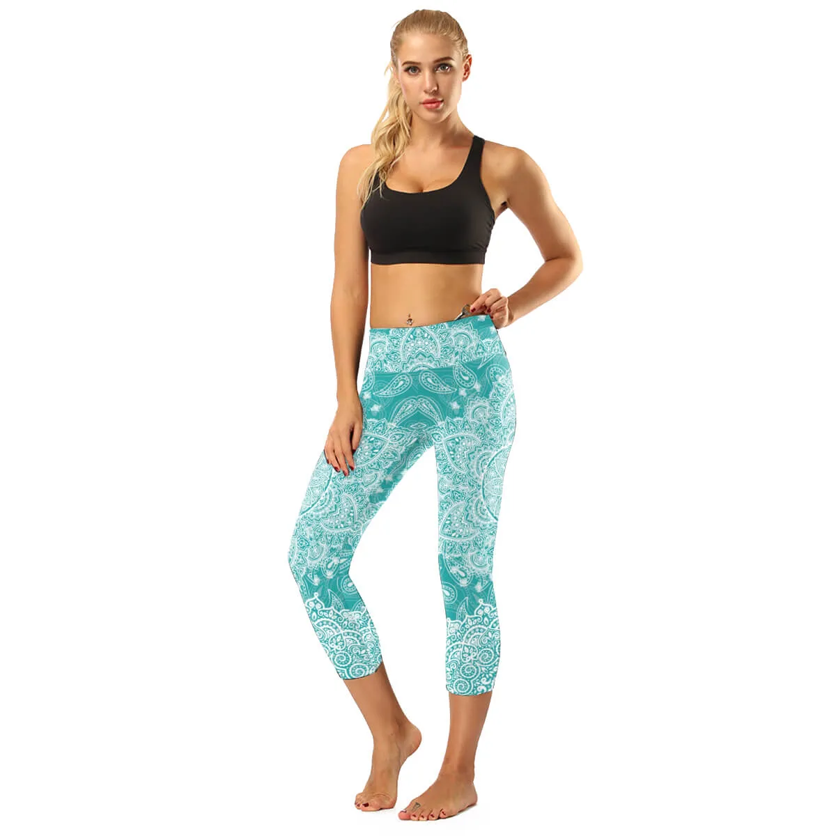 High Rise Coral Orange to Blue Mandala Capris | A Small Pocket on Waistband