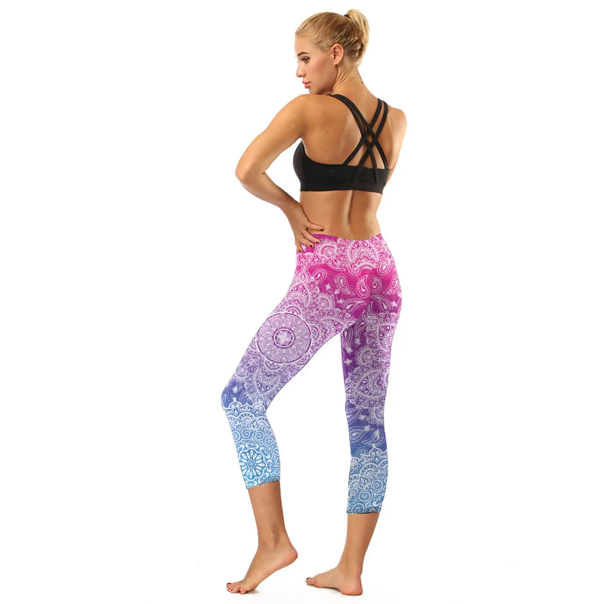 High Rise Coral Orange to Blue Mandala Capris | A Small Pocket on Waistband