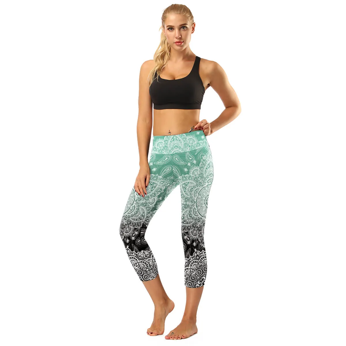 High Rise Coral Orange to Blue Mandala Capris | A Small Pocket on Waistband