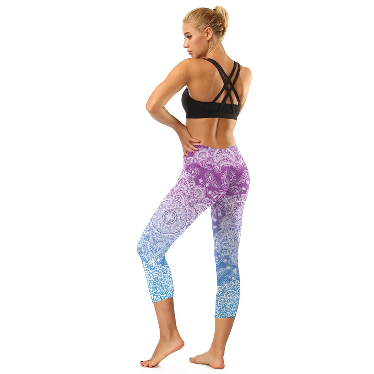 High Rise Coral Orange to Blue Mandala Capris | A Small Pocket on Waistband