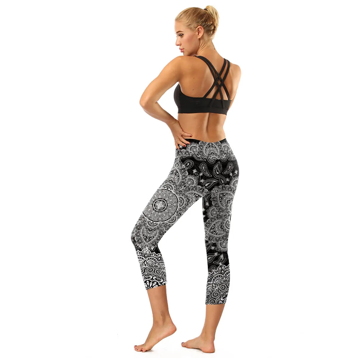 High Rise Coral Orange to Blue Mandala Capris | A Small Pocket on Waistband