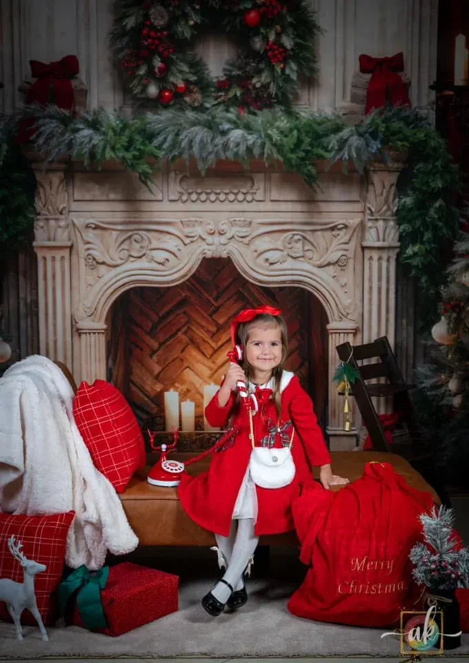 Kate Christmas Tree Fireplace Red Fleece Backdrop Designed by Emetselch