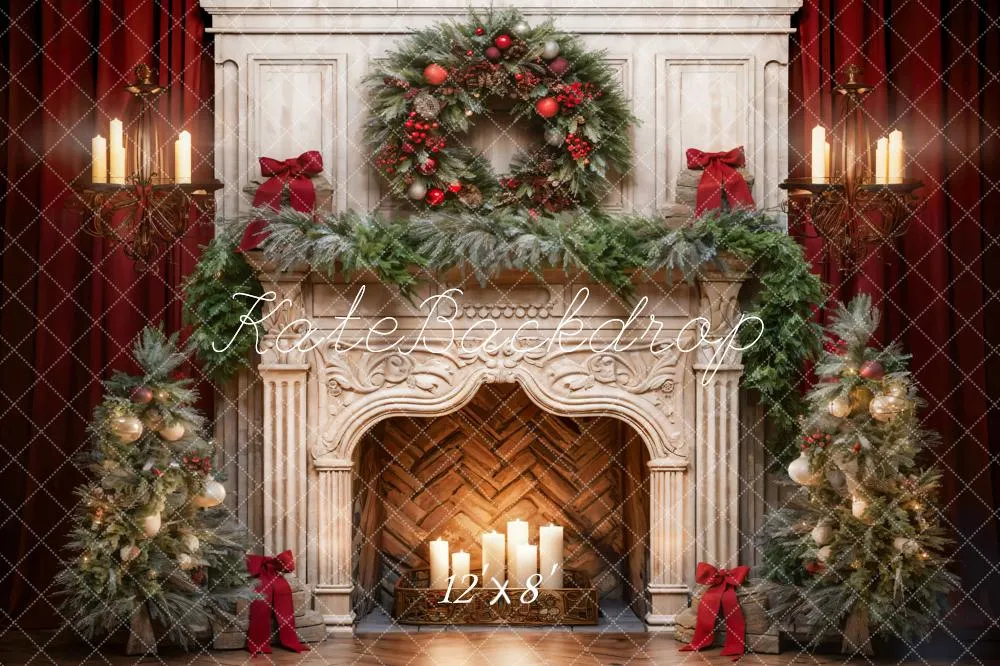 Kate Christmas Tree Fireplace Red Fleece Backdrop Designed by Emetselch