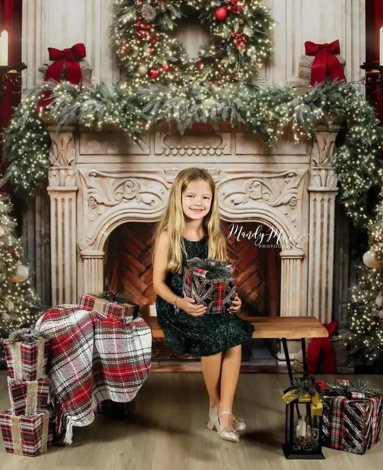 Kate Christmas Tree Fireplace Red Fleece Backdrop Designed by Emetselch