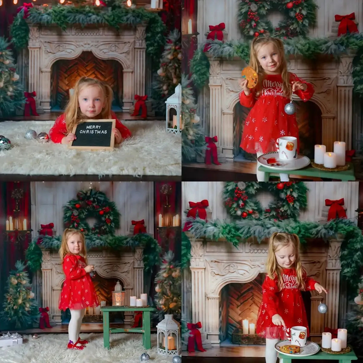 Kate Christmas Tree Fireplace Red Fleece Backdrop Designed by Emetselch