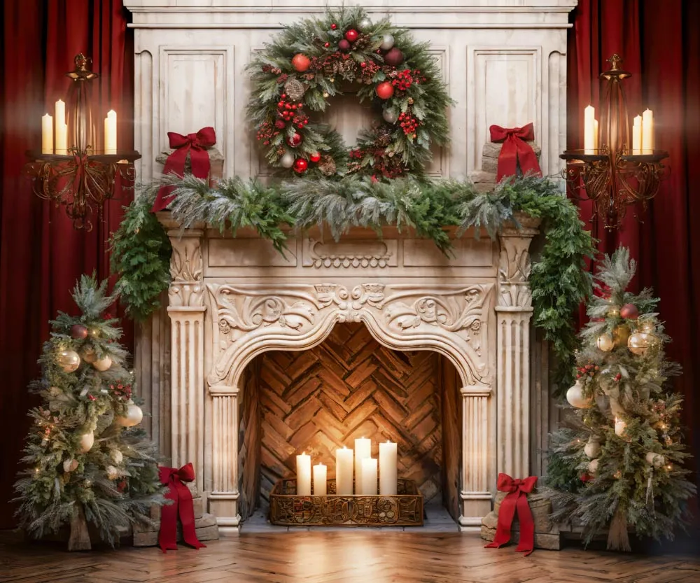Kate Christmas Tree Fireplace Red Fleece Backdrop Designed by Emetselch