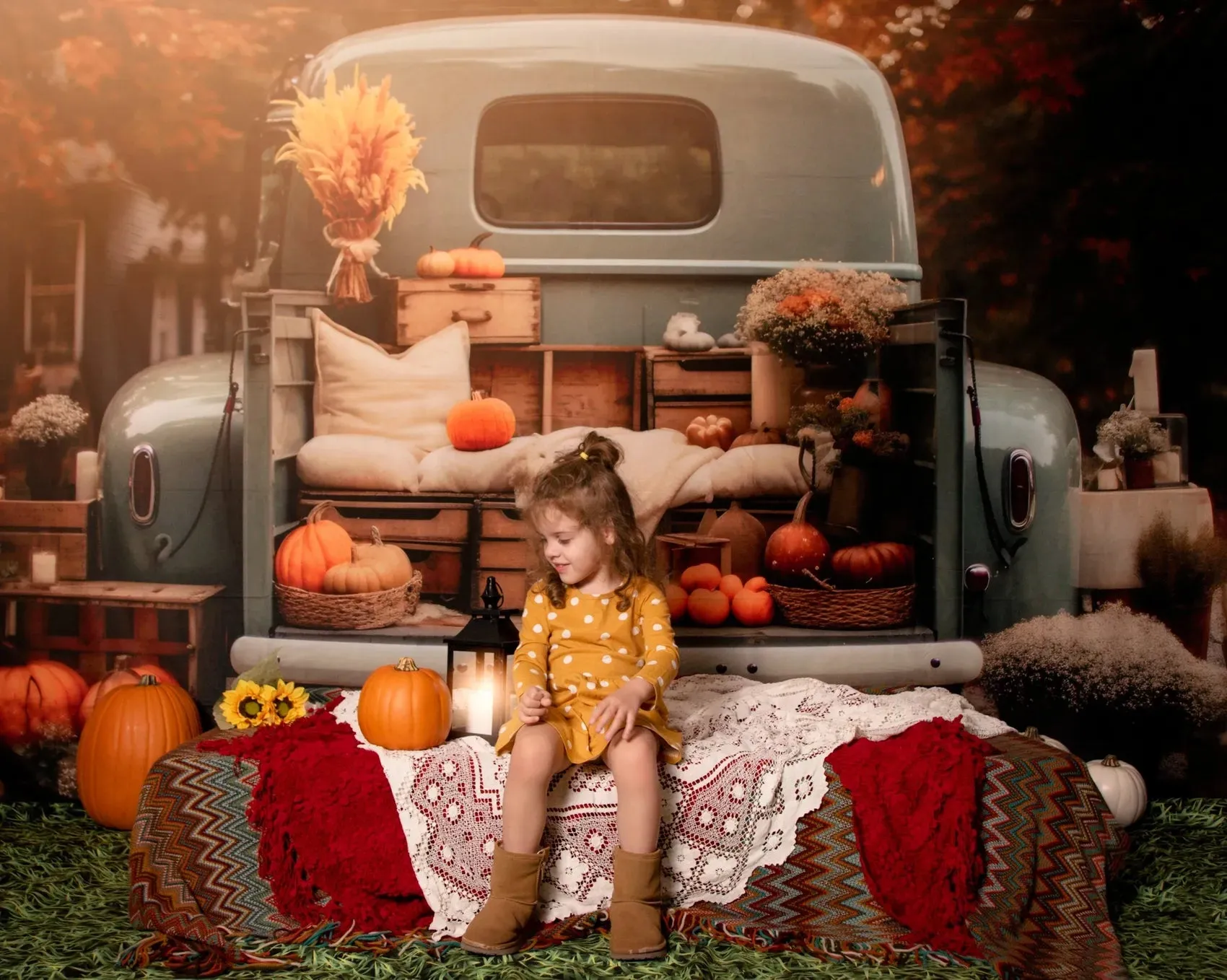 Kate Fall Truck with Pumpkins Fleece Backdrop for Photography