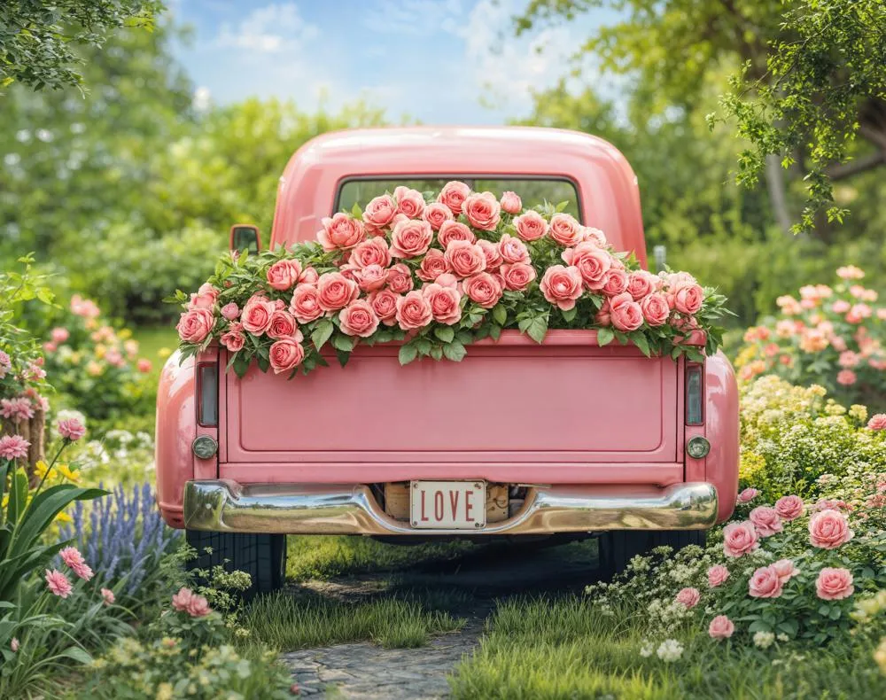Kate Valentine Pink Truck Rose Garden Fleece Backdrop Designed by Emetselch