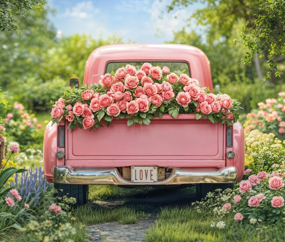 Kate Valentine Pink Truck Rose Garden Fleece Backdrop Designed by Emetselch