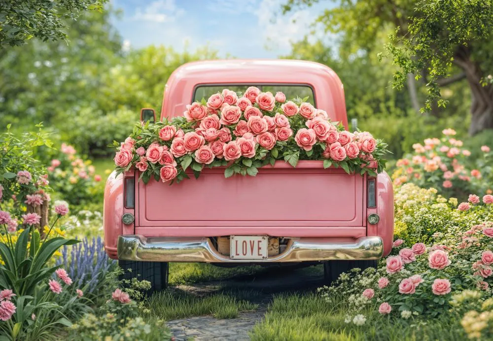 Kate Valentine Pink Truck Rose Garden Fleece Backdrop Designed by Emetselch