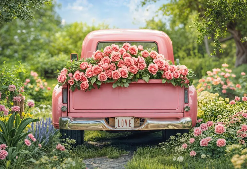 Kate Valentine Pink Truck Rose Garden Fleece Backdrop Designed by Emetselch