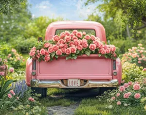 Kate Valentine Pink Truck Rose Garden Fleece Backdrop Designed by Emetselch