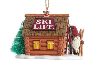 Log Cabin Ornament with Gnome With Skis - Ski Life
