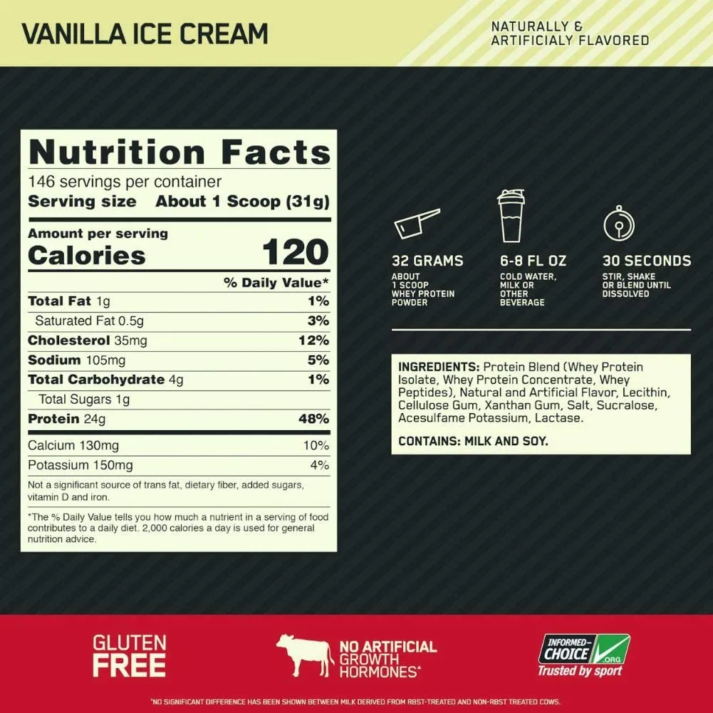 Optimum Nutrition ON 100% Whey Protein Gold Standard (10 Lbs) Vanilla Ice Cream EXP Feb 2026