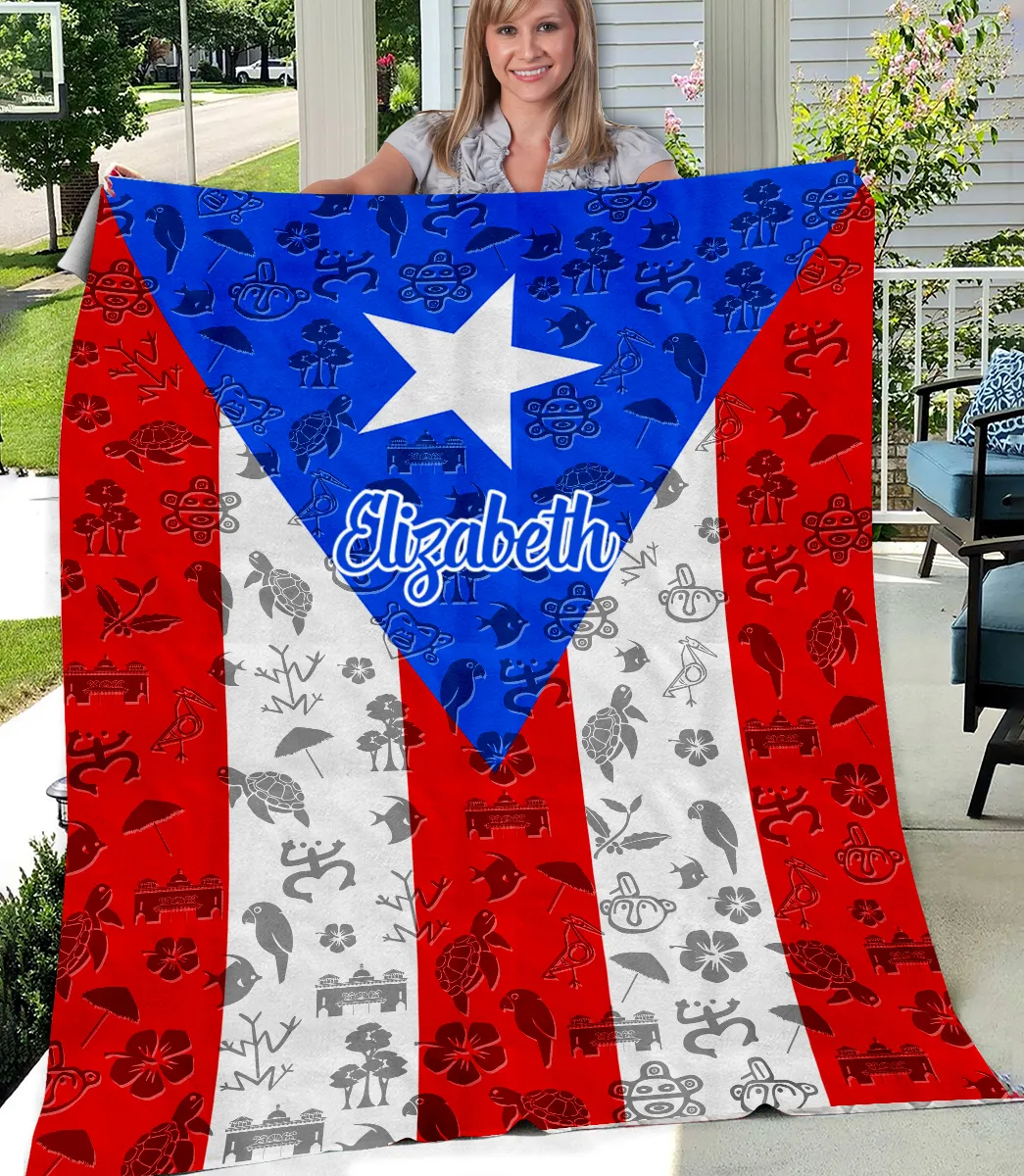Puerto Rico Flag And Symbols Personalized Fleece Blanket With Your Name